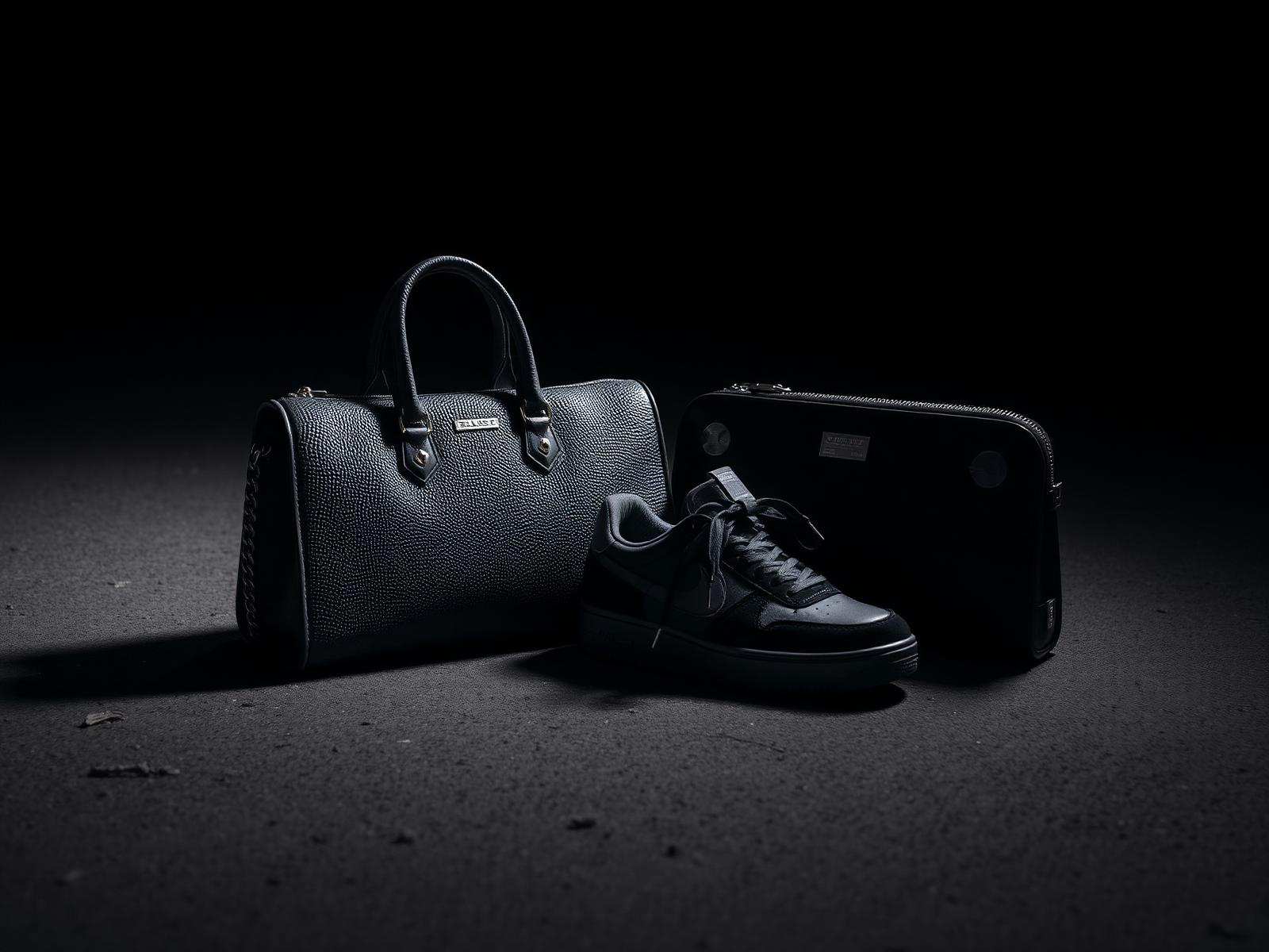 Luxury sneakers and bag in dramatic dark studio lighting